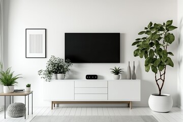 White color wall Background, minimal living room interior decor with a TV cabinet. Generative AI