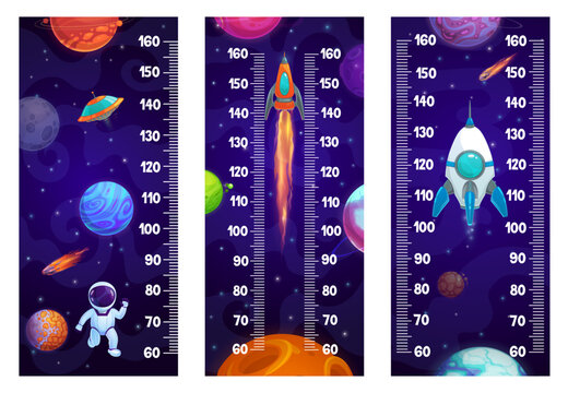 Kids height chart ruler with space planets, astronaut and rocketships, vector growth meter. Galaxy rocket shuttle or spaceship and spaceman with alien UFO on baby tall measure ruler or height chart
