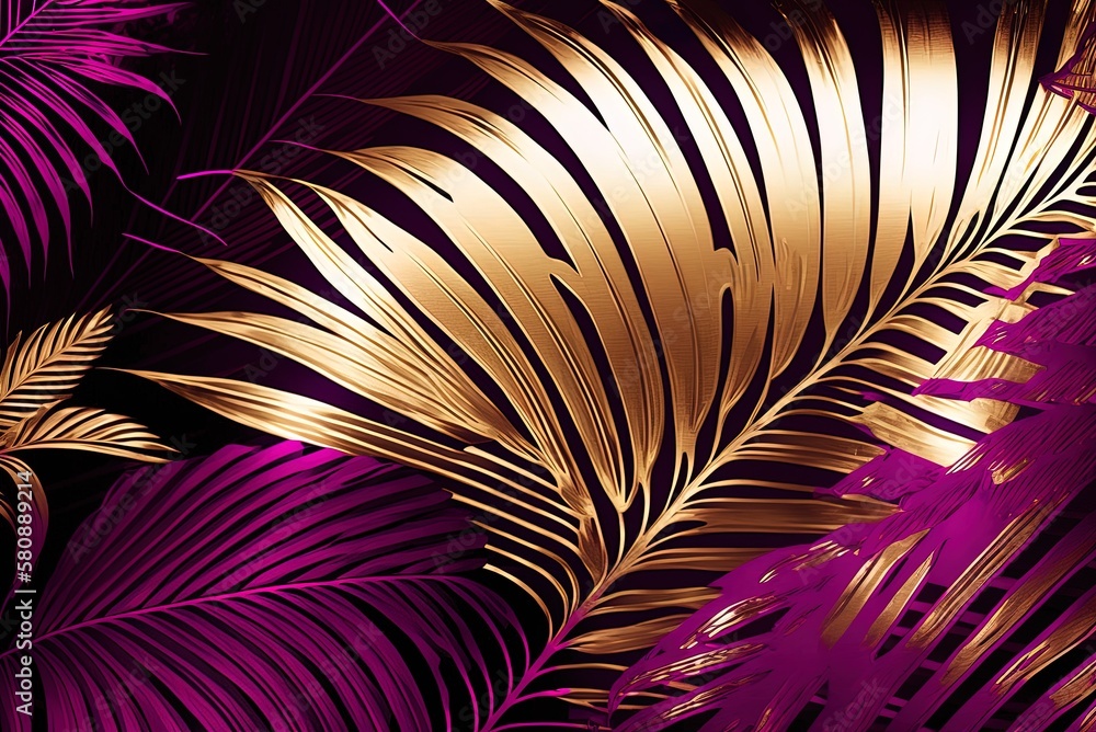 Poster abstract gold and magenta flower backdrop with palm trees generative ai
