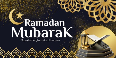 Black Gold White Elegant Grunge Ramadan Mubarak Banner Landscape.