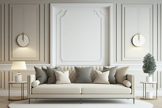 Interior mockup of an empty living room wall with a white sofa, beige pillows, and traditional furniture. Generative AI