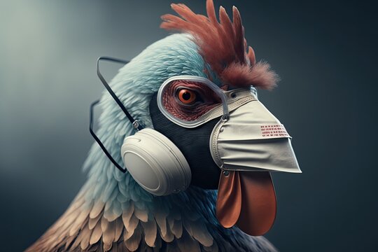 Bird flu H5N1 in China concept with chicken portrait and medical protective mask. Generative AI