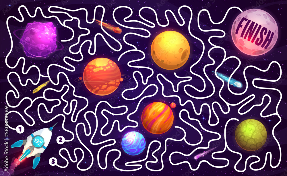 Poster galaxy labyrinth maze cartoon space planets, stars and rocket. kids vector board game worksheet with