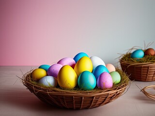 Colorful Easter Eggs in a Basket.  Generative AI