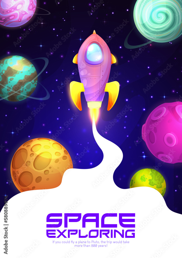 Aufkleber space exploring rocket and galaxy planets in spaceflight adventure, cartoon vector background poster