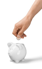 Hand putting coin to piggy bank and coins on white background