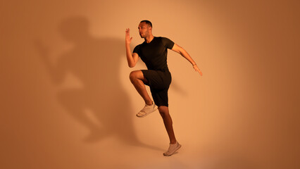 Sporty African American Man Standing Exercising Over Beige Studio Background