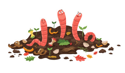 Cartoon compost worms. Isolated vector earthworms in organic garbage heap with leftovers and growing plants. Cute worm characters working in garden soil. Funny invertebrate personages recycling food - obrazy, fototapety, plakaty