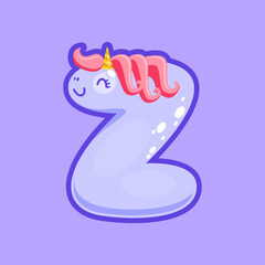 Z unicorn font, capital uppercase letter. Vector unicorn typeface ABC, typeset or typeface element. English Latin alphabet magic font personage in wig