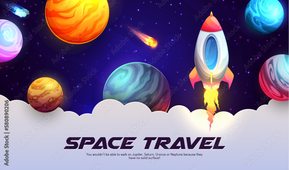 Poster space travel cartoon galaxy landscape with spaceship, planets and comets. vector banner with rocket 