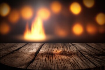 Old wood table on flame with bokeh background. Generative AI