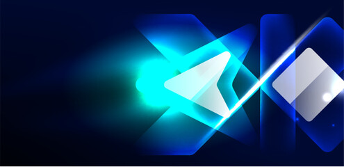 Neon speed arrow and line shapes background. Hi-tech concept with shiny backdrop. Bright flare light effect in the dark