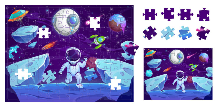 Space landscape and astronaut, jigsaw puzzle game pieces, vector kids worksheet. Cartoon spaceman on planet with spaceship or galaxy starship shuttle on Mars, puzzle jigsaw to assembly picture