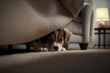 At home, a cute puppy dog is hiding under the sofa. Generative AI - obrazy, fototapety, plakaty