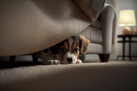 At home, a cute puppy dog is hiding under the sofa. Generative AI