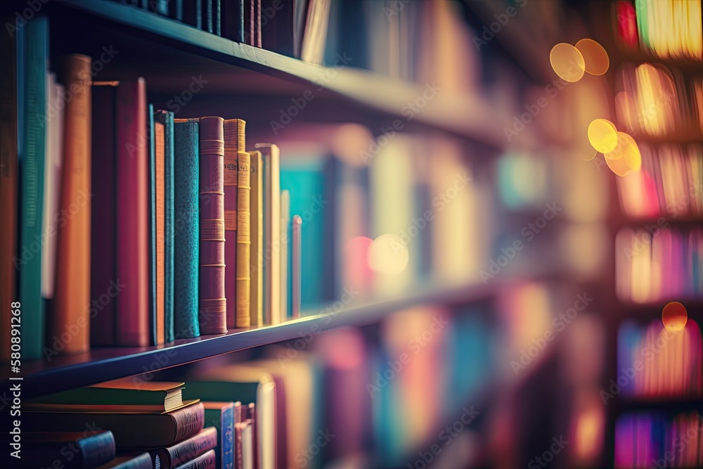 Poster an image with a blurry background shows a library bookshelf with many books on it. generative ai