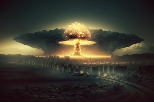 Nuclear Bomb Detonation Above A City. Generative AI