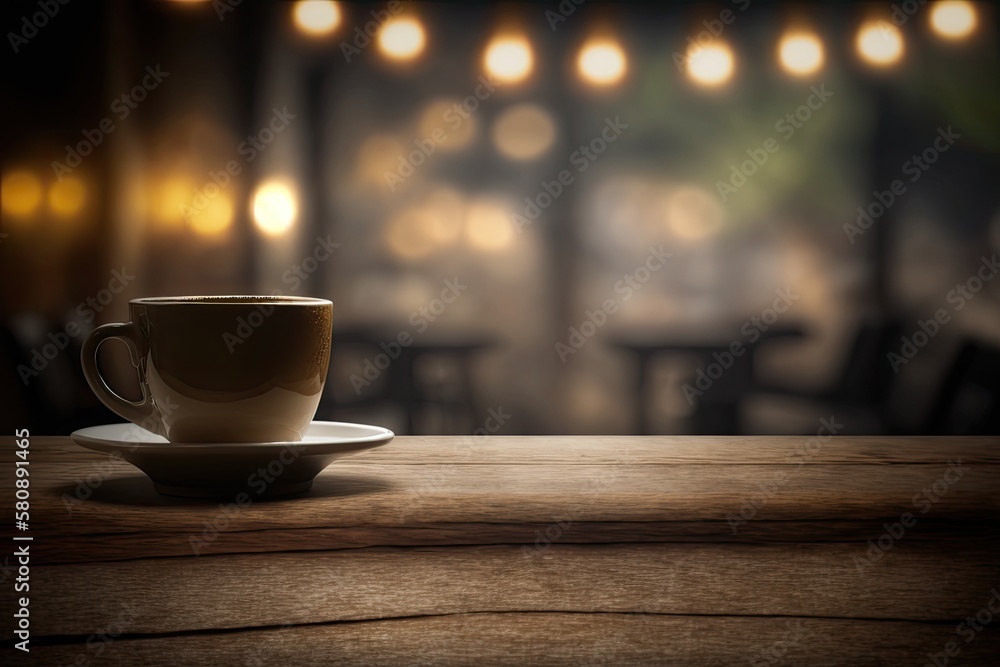 Poster coffee cafe background with bokeh image and wood table. generative ai