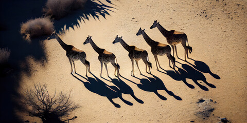 Giraffe family with baby walks in savannah, casting long shadows on ground. Aerial view from drone captures the majestic creatures in their natural habitat. Generative AI