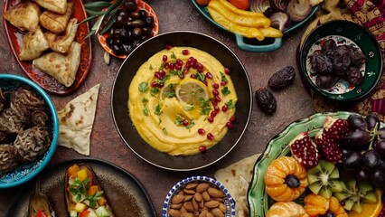 Hummus is a Middle Eastern savory dish made from cooked, mashed chickpeas blended with tahini, lemon juice, pomegranate berries and garlic. Authentic culinary composition in traditional dishes