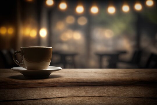 coffee cafe background with bokeh image and wood table. Generative AI