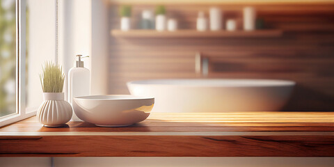 Fototapeta na wymiar Empty wooden table top for product display with blurred bathroom interior background. Minimalist and clean bathroom interior design with bathtub. Generative AI