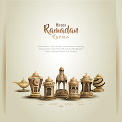 islamic greeting ramadan kareem card design with gold lanterns and crescent moon