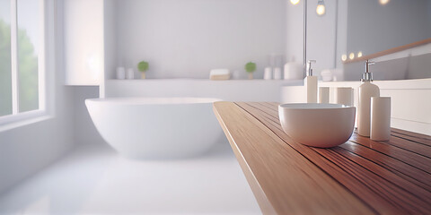 Obraz na płótnie Canvas Empty wooden table top for product display with blurred bathroom interior background. Minimalist and clean bathroom interior design with bathtub. Generative AI