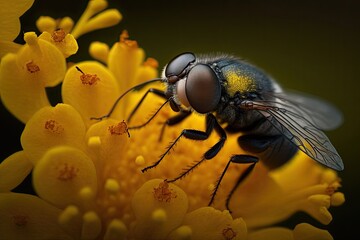 Photographing a fly up close on a yellow blossom. Generative AI
