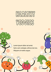 Template with vegetables are doing exercise or dancing for invitation, healthy lifestyle poster, fitness event, veggies party. Retro cartoon characters design. Vector illustration.