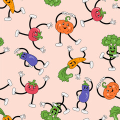 Seamless pattern with vegetables are doing exercise or dancing. Retro cartoon characters design. Vector illustration.