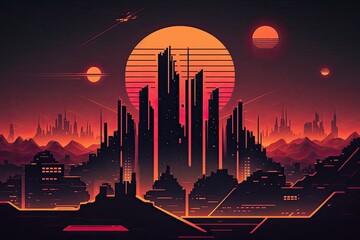 Retro nighttime cityscape in the manner of the 1980s. Science fiction from the 1980s. Retro futuristic background music Illustration in the retro wave and cyberpunk styles. Generative AI