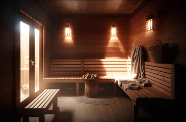 A steamy hammam sauna room with wooden benches and a cozy ambiance - Generative AI - obrazy, fototapety, plakaty