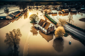 Inondation dans la campagne - Catastrophe climatique - Vue de drone - Générative IA - obrazy, fototapety, plakaty