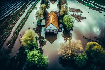 Inondation dans la campagne - Catastrophe climatique - Vue de drone - Générative IA - obrazy, fototapety, plakaty