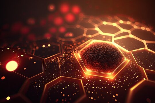 Background of light particles in science fiction with depth of field and bokeh. Particles create an abstract surface grid with lines. Red gold V18. Generative AI
