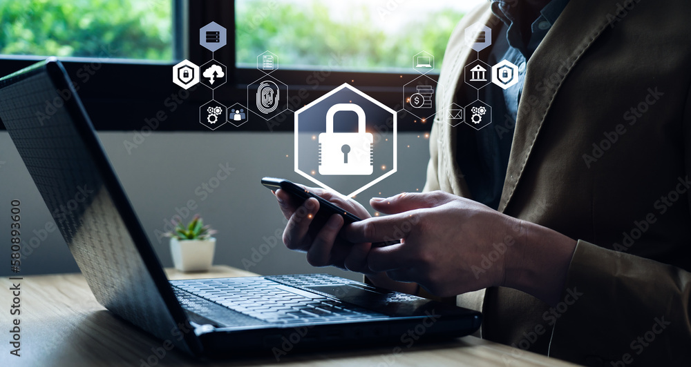 Aufkleber cyber security and data protection information privacy internet technology concept. businessmen prot