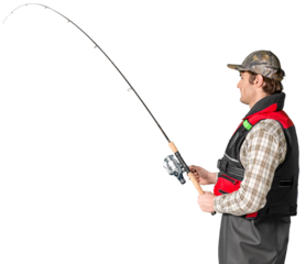 Male fisherman with fishing rod isolated on white