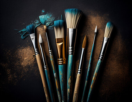 Product Photography Of Paint Brushes Blue And Gold | Generative AI