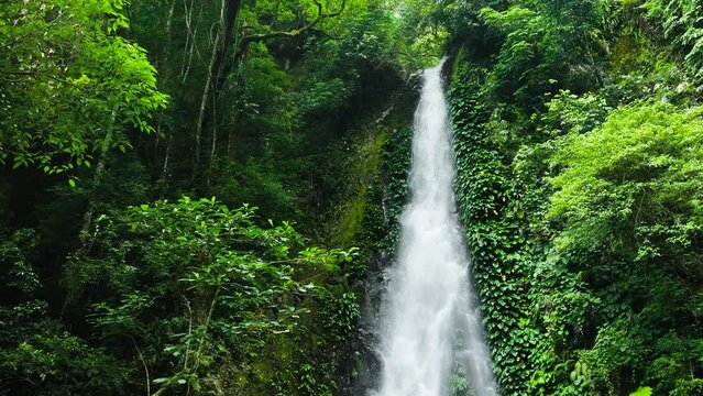 Aerial drone of the waterfalls among the green forest. Slow motion. Pulang-Tubig Falls. Negros, Philippines.