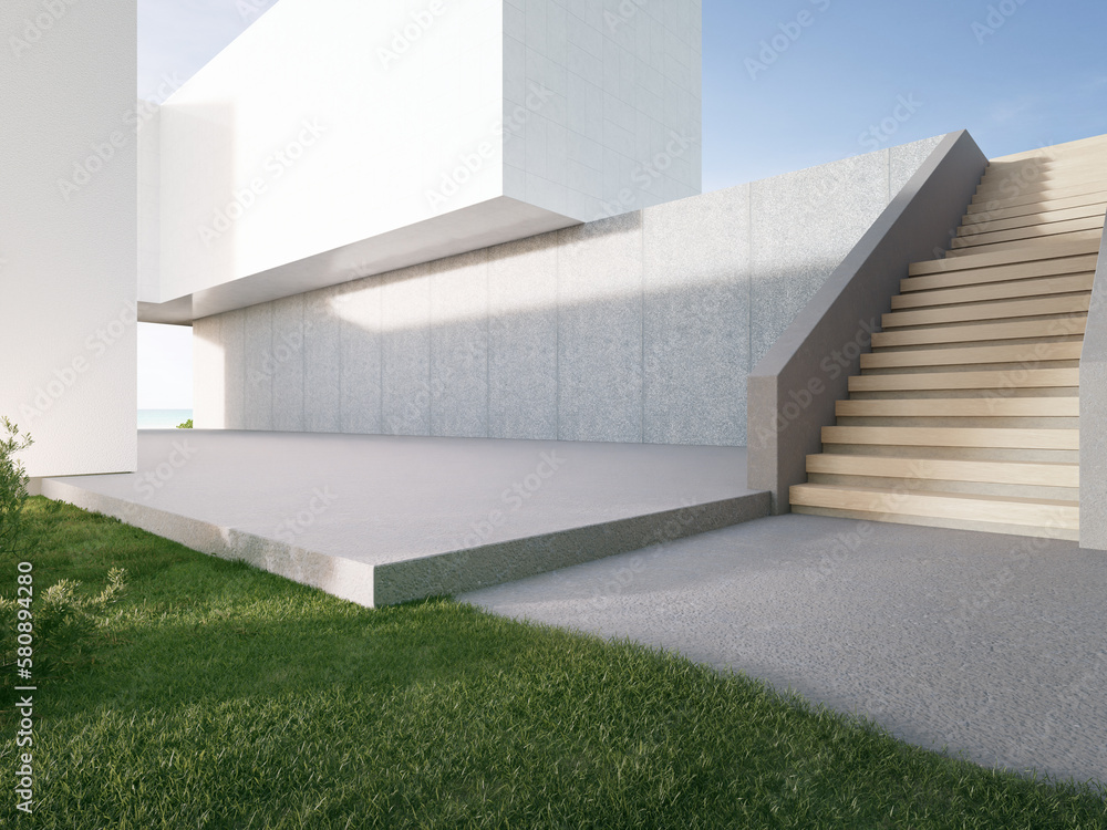 Poster empty gray concrete floor in minimal architecture. 3d rendering of abstract white building with beac