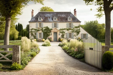 Foto op Canvas French country farmhouse with a gravel driveway and a garden trellis, illustration - Generative AI © Florian
