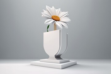Front view of an abstract white pedestal with a flower against a modern background for advertising. Generative AI