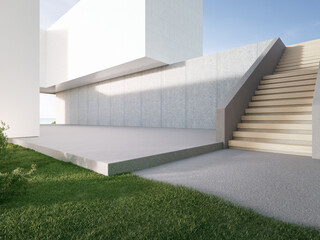 Empty gray concrete floor in minimal architecture. 3d rendering of abstract white building with beach and sea view background.