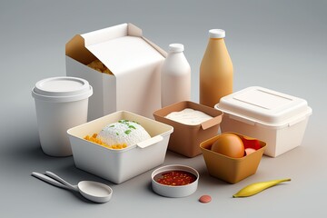 on a white table, a variety of food delivery containers. Generative AI