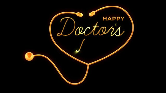 Happy Doctors Day Handwritten animated text in gold color on transparent background with stethoscope heart. Lettering concept video with text Happy Doctors Day. 30 march - World Doctors Day