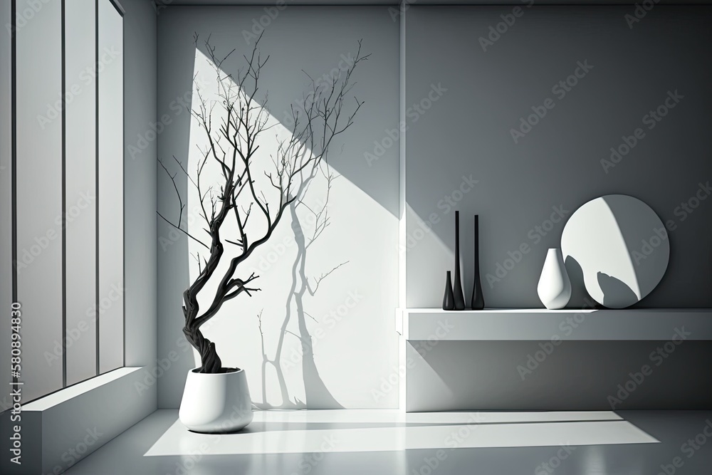 Poster for cosmetic object placement, an abstract simple interior with a tree branch serves as a backdrop. 