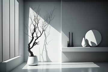 For cosmetic object placement, an abstract simple interior with a tree branch serves as a backdrop. Generative AI
