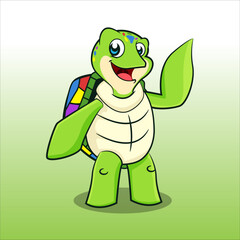 cute green turtle mascot  kids cartoon  character  with colorful shell