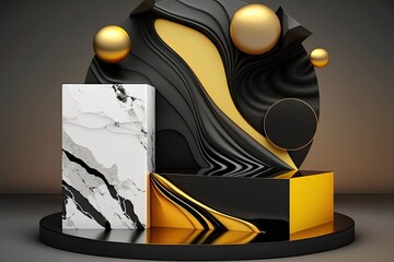 simple setting with a podium. scene of black and gold marble. Trendy for promotional banners and cosmetics shows. geometric patterns on a wet surface. realistic. Generative AI